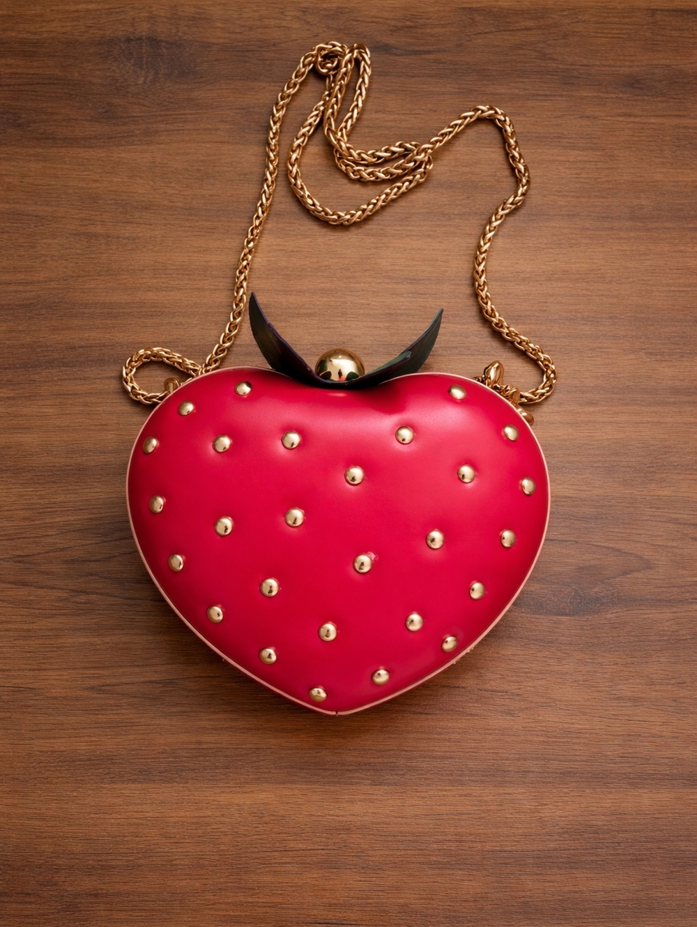 Red Strawberry Heart Mini Bag with Gold Studs - Picture 2 of 7